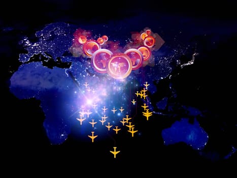 Rendering of city light map (courtesy of NASA), abstract lights and symbols on the subject of global transportation, communication and travel