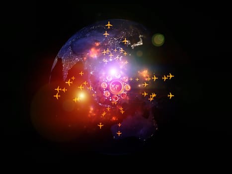 Rendering of city light map (courtesy of NASA), abstract lights and symbols on the subject of global transportation, communication and travel
