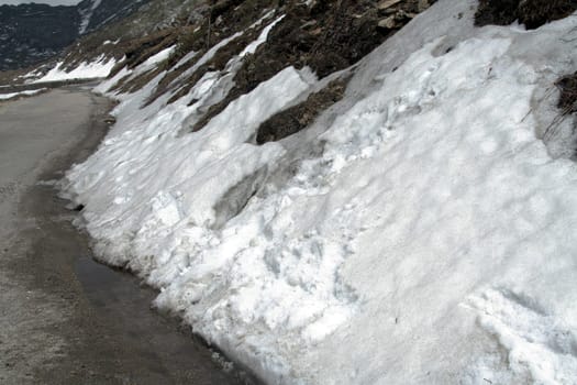 Ice on roadside melts and slips down as water at lower end