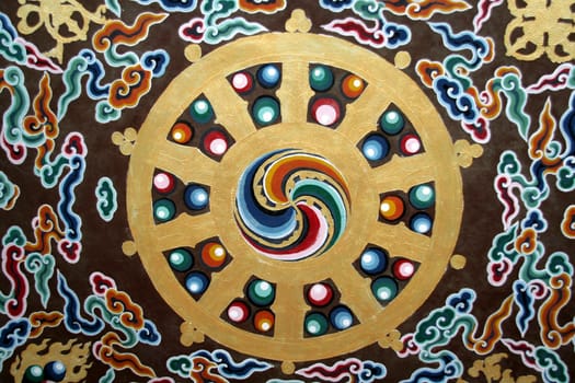 Painting on ceiling of Rumtek Monastery in Gangtok, Sikkim, India, Asia