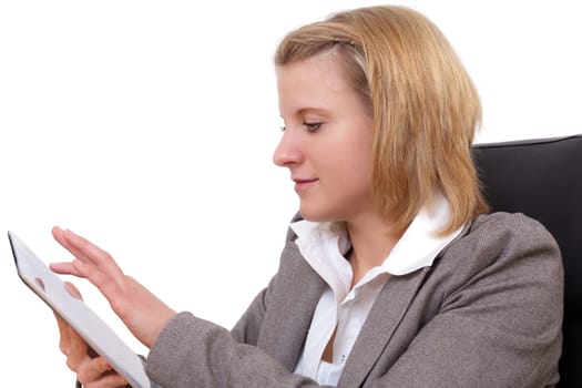 Smiling young woman operating a tablet PC