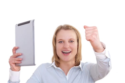 Young woman enthusiastically holds up a tablet PC