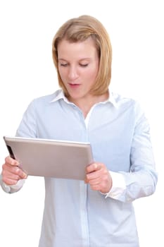 Young woman looking at her tablet PC in amazement