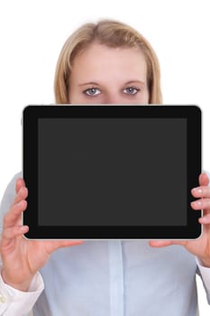 Young woman holding tablet PC at camera