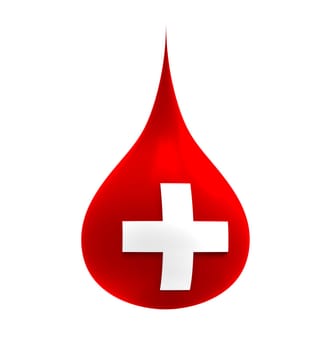 Blood drop with white cross isolated on white 3d render