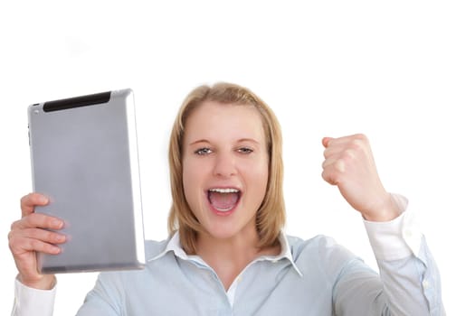 Young woman enthusiastically holds up a tablet PC