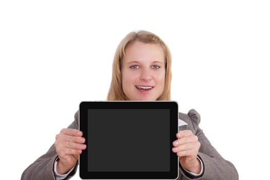 Young woman holding tablet PC at camera