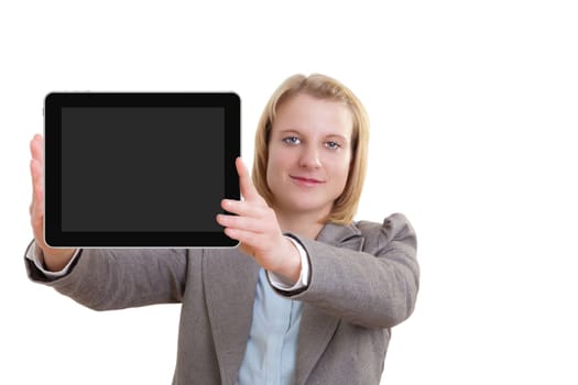 Young woman holding tablet PC at camera