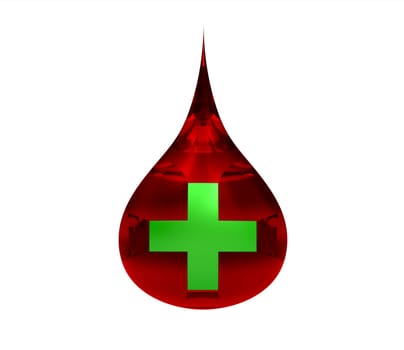 Blood drop with green cross isolated on white 3d render