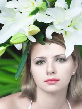 Close-up portrait of young beautiful woman with lily flowers