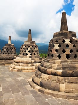 Stupas at Borobudur temple. Central Java. Indonesia