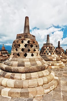 Stupas at Borobudur temple. Central Java. Indonesia