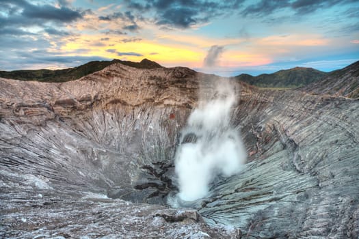 Crater of volcano Bromo at sunrise time. Indonesia