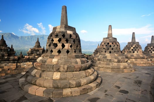 Stupas at Borobudur temple. Central Java. Indonesia
