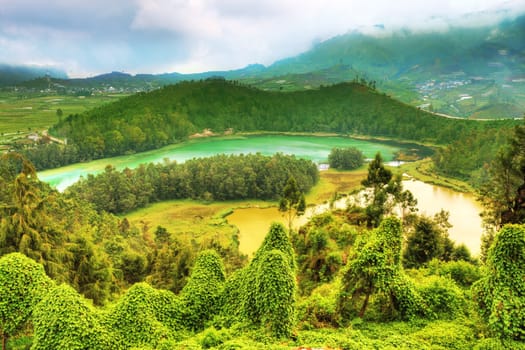 Lakes Telaga Warna and Cisaat at plateau Dieng
