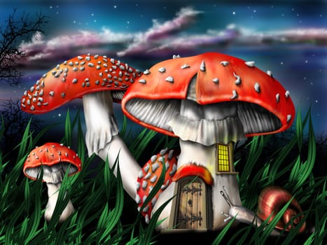 Illustration of enchanted magical mushrooms in the forest