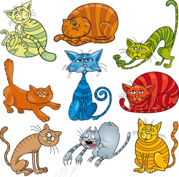 cartoon illustration of funny nine cats set