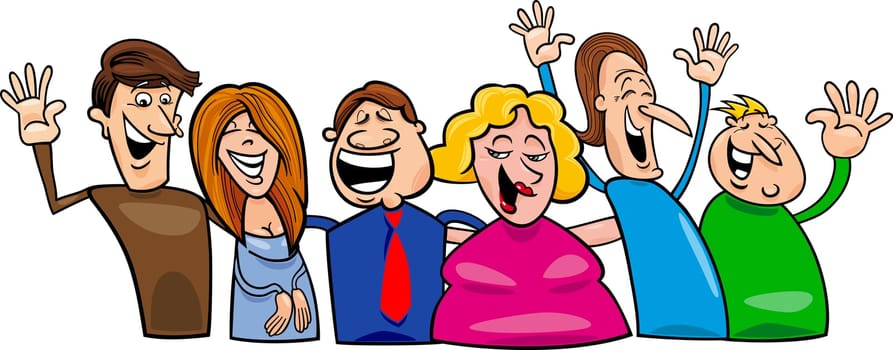 Cartoon illustration of hugging happy people group