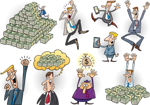 cartoon illustration of happy successful businessmen set
