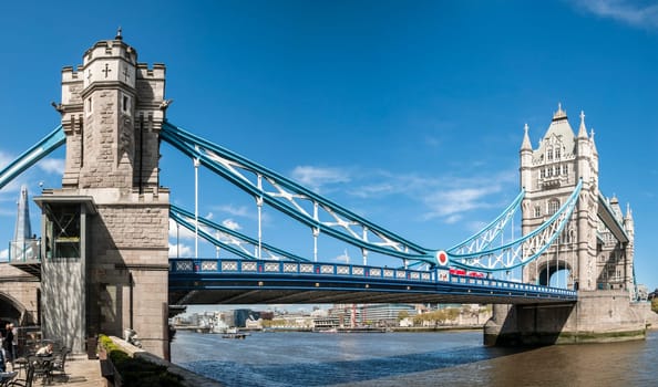 LONDON, UK - APRIL 30: Panoramic shot of Tower Bridge. April 30, 2012 in London. The iconic bridge was completed in 1894.