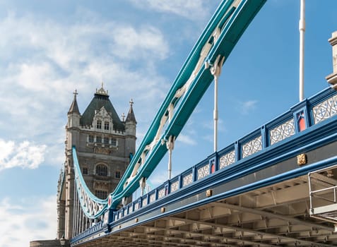 Low angle cropped shot of Tower Bridge, in London. The iconic bridge was completed in 1894.