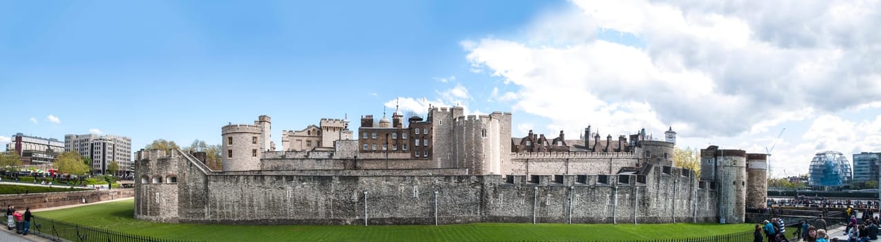 LONDON, UK - APRIL 30: Panoramic shot of the Tower of London. April 30, 2012 in London. The fortress dates back from the 1070s.