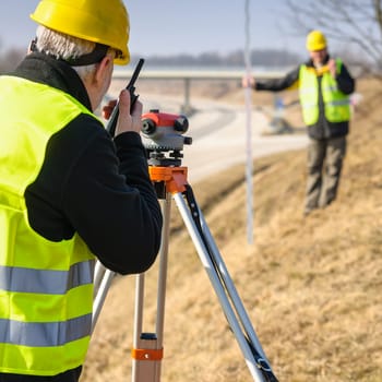 Land surveyors on highway measuring with theodolite