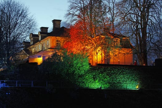 Illuminated Bad Pyrmont Castle at night