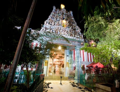A night shot of a hindu temple in Singapore