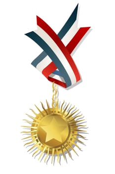Golden star award with medal, chain and ribbon. Isolated and grouped objects on white background.