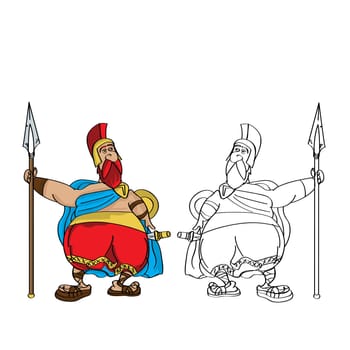 Cartoon drawing of a fat roman soldier and outline against white background