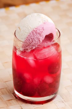 A raspberry float in an outdoor setting