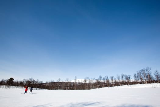 A winter landscape with two skiers skating on the snow