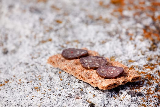 A cracker with slices of meat - Shallow depth of field with focus on first meat slice