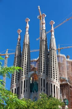 View of the Sagrada Familia in construction - Architect Gaudi - Barcelona, Catalonia