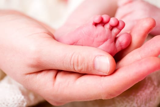 The foot of a newborn baby in the hand of a mother