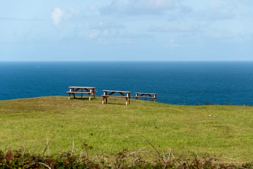 picnic tables and benches at Tintagel in Cornwall