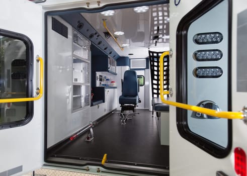 Detail of empty ambulance interior emergency vehicle