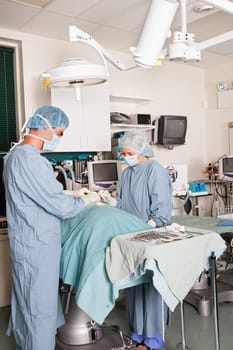 Two surgeons performing operation, surgical instruments in foreground