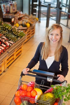 Smiling woman looking at camera while holding shopping cart in store