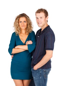 Young couple studio portrait, isolated.