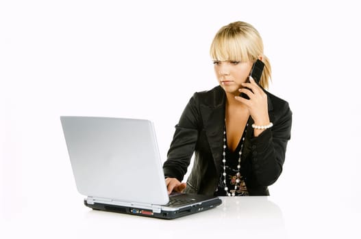 Sexy Beautiful Business women with laptop computer and cell phone isolated on white