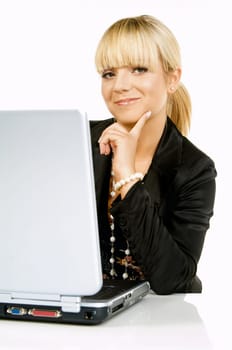 Sexy Beautiful Business women with laptop computer isolated on white