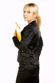 Sexy Beautiful Business women isolated on white with yellow folder