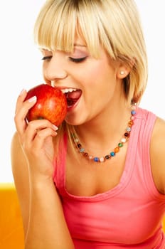 Happy beautiful women with red apple
