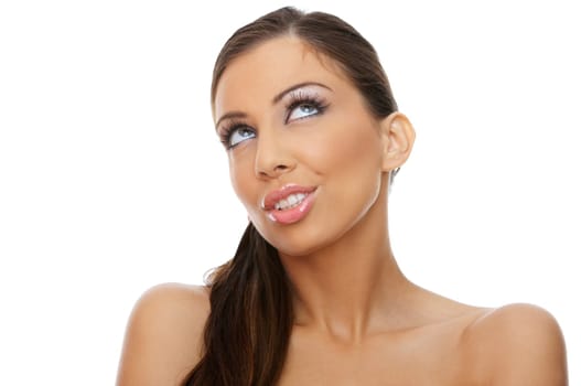 Portrait of beautiful young woman on white background
