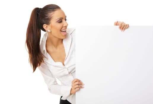Beautiful business woman holding empty white board