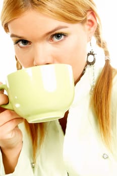 Portrait of attractive beautiful young woman with green cup od black coffee