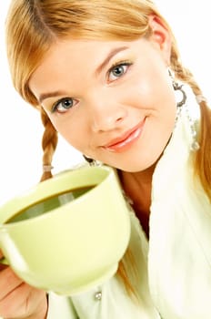 Portrait of attractive beautiful young woman with green cup od black coffee
