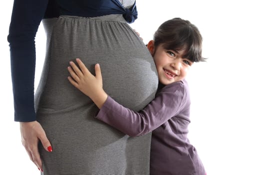 details of a Pregant woman with her daughter isolated on white